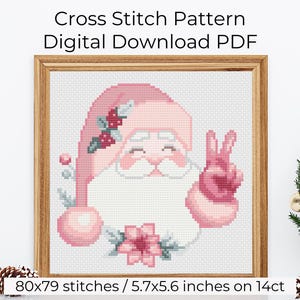 Pink Christmas Cross Stitch Pattern PDF Download, Modern Santa Counted Cross Stitch, Easy XStitch Chart, Cute Cross Stitch Pattern Christmas