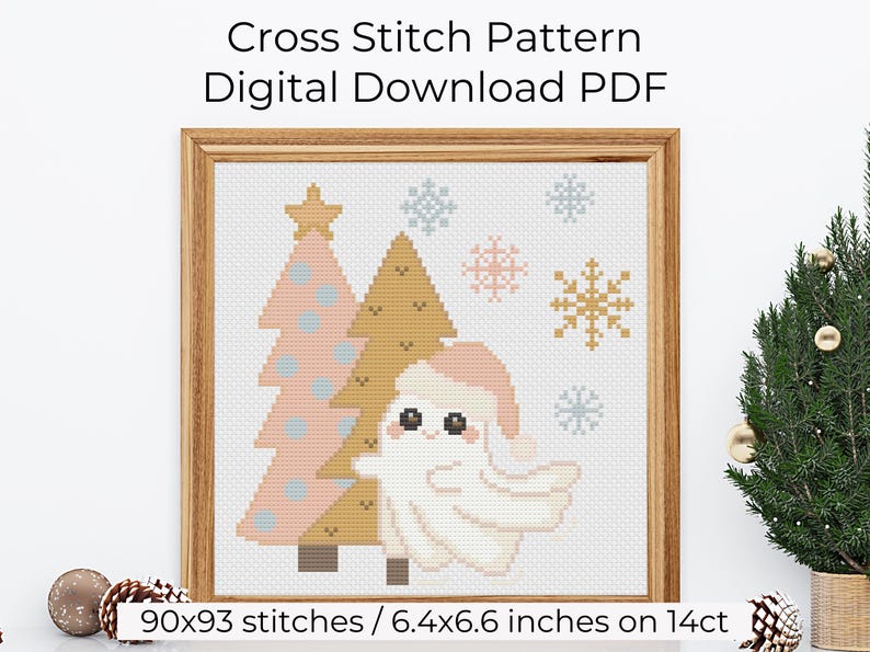 Christmas Ghost Cross Stitch Pattern PDF Download, Cute Kawaii Ghost
