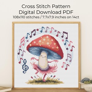 Motif point de croix champignon PDF numérique imprimable, tableau compté, musique fantaisiste et champignon dansant, cadeau déco fée Cottagecore