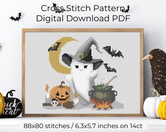 Kruissteekpatroon Halloween-spook: Witchy Cauldron, pompoenen (digitale pdf-download)