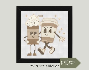 Cross Stitch PDF Pattern Digital Download of Two Retro Character Coffee Cups taking a Stroll Together, Cute Couples Coffee Date Gift