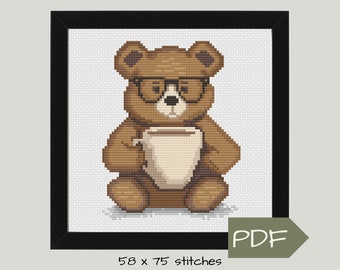 Cross Stitch Pattern Instant Digital Download PDF, Bear With Coffee, Handmade Coffee Lover Gift, DIY Kitchen Coffee Station or Office Decor