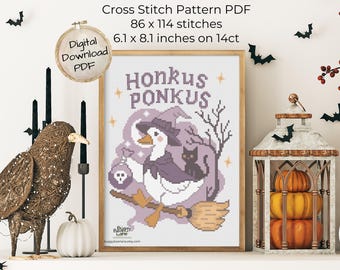 Halloween Cross Stitch Pattern: Goose Witch and Black Cat (PDF Digital Download)