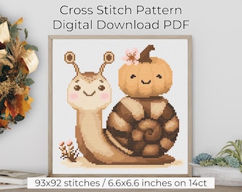 Padrão de ponto cruz de outono, design de outono de caracol e abóbora, download digital em PDF