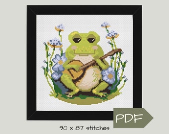 Cross Stitch Pattern Frog Playing Guitar, PDF Digital Download Easy X-Stitch Pattern, DIY Homemade Gift for Music and Frog Lovers