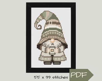 Gnome Cross Stitch Pattern, Digital Download PDF Pattern, DIY Handmade Quirky Decor Gift for Gnome Lover, Earthy Neutrals for Rustic Cottage