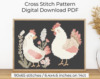 May include: Cross stitch pattern PDF for two white chickens with pink accents, standing on a black background with green and pink flowers. The pattern is 90x65 stitches and measures 6.4x4.6 inches on 14 count Aida cloth.