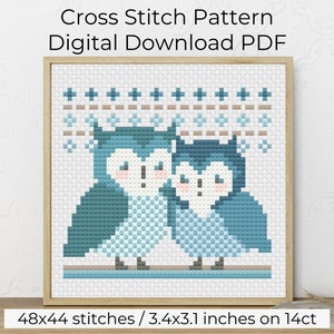 Owl Cross Stitch Pattern, Blue Owl Design for Couples Gift (PDF Digital Download)