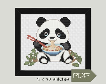 Panda Cross Stitch Pattern PDF Digital Download, Easy Xstitch Pattern, Cute Panda Bear Eating Pho  or Ramen Noodle with Chopsticks, DIY Gift