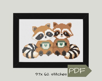 Cross Stitch PDF Pattern Digital Download of Two Cute Raccoons Drinking Coffee Together, Easy Xstitch Couples or Best Friend Gift