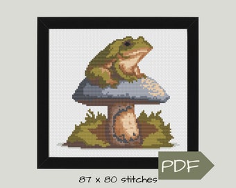 Cross Stitch Pattern PDF Download, Cottagecore Aesthetic , Simple Needle Craft Pattern for Beginners, Frog Sitting on Blue Mushroom Design