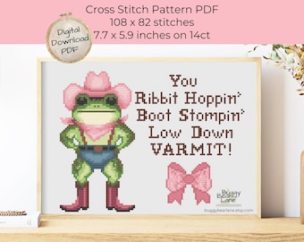 Frog Cross Stitch Pattern: Quirky Western Pink Cowboy Design with Snarky Quote, PDF Download