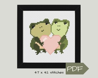 Easy Xstitch Cross Stitch PDF Pattern Digital Download to create Perfect Frog Lover Gift, DIY Animal Couple Art of Frogs a Holding Heart