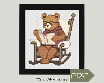 Bear Cross Stitch Pattern PDF Digital Download, Bear Sitting in Rocking Chair Reading a Book Drinking Coffee, DIY Handmade Gift for Grandma