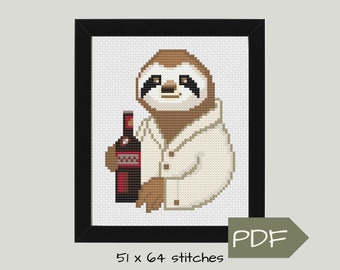 Funny Sloth Cross Stitch Pattern PDF Instant Digital Download, Easy Level X Stitch Only, DIY Handmade Quirky Gift for Wine Lovers