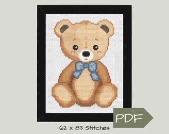 Teddy Bear Cross Stitch Pattern, Digital Download Pattern, Counted Cross Stitch, Fiber Art Keepsake for Baby, Needlepoint Embroidery Craft