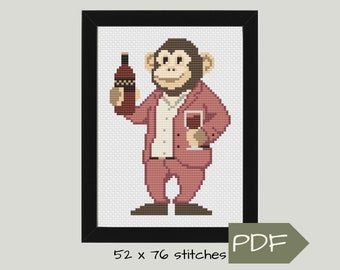 Cross Stitch Funny Monkey Pattern PDF Instant Digital Download, Cool Monkey Guy Having a Glass of Red Wine, Fun Easy Stitching Project