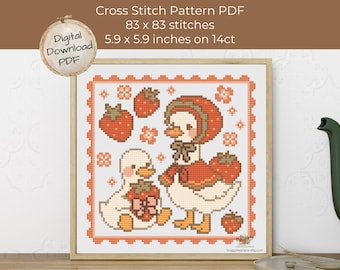 Strawberry Goose Cross Stitch Pattern: Coquette Cottagecore Design (PDF Download)