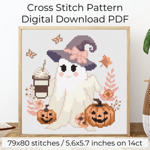 May include: Cross stitch pattern of a cute ghost wearing a witch hat and holding a coffee cup. The ghost is surrounded by fall foliage and pumpkins. The pattern is 79x80 stitches and measures 5.6x5.7 inches on 14 count Aida cloth.