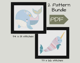 Cross Stitch PDF 2 Pattern Bundle Features Cute Blue Whale & Narwhal in Pink and Blue, DIY Handmade Baby Shower Gift for Ocean Decor Nursery