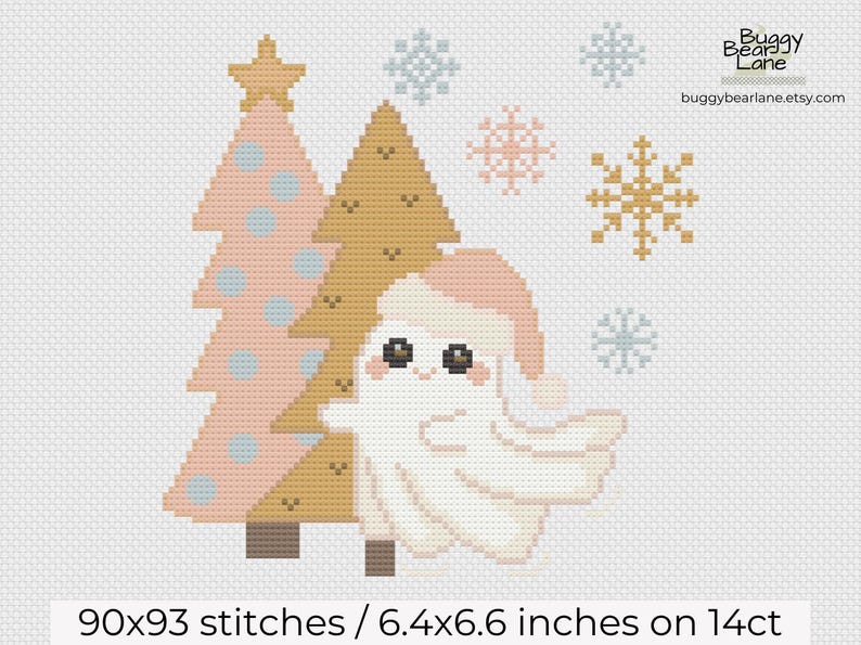 Christmas Ghost Cross Stitch Pattern PDF Download, Cute Kawaii Ghost