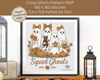 Patrón de punto de cruz de Halloween: Fantasmas, gato y calabazas (Descarga PDF)
