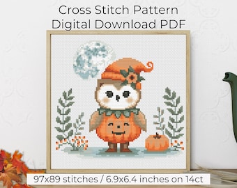 Fall Cross Stitch Pattern, Owl in Pumpkin Costume, PDF Digital Download