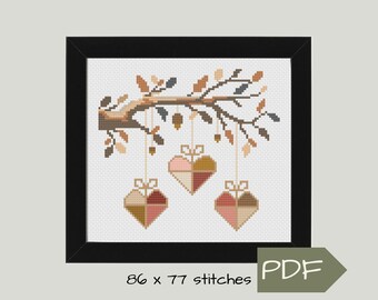 Cross Stitch PDF Pattern Digital Download of 3 Stained Glass Hearts Hanging from a Tree Branch in a Neutral Color Palette, Easy Pattern