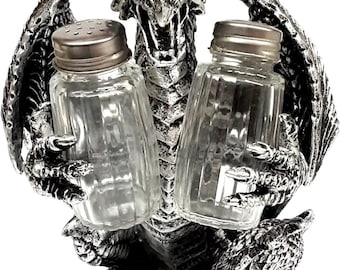 Medieval Dragon Salt and Pepper Shaker Set with Holder for Kitchen Table Decor