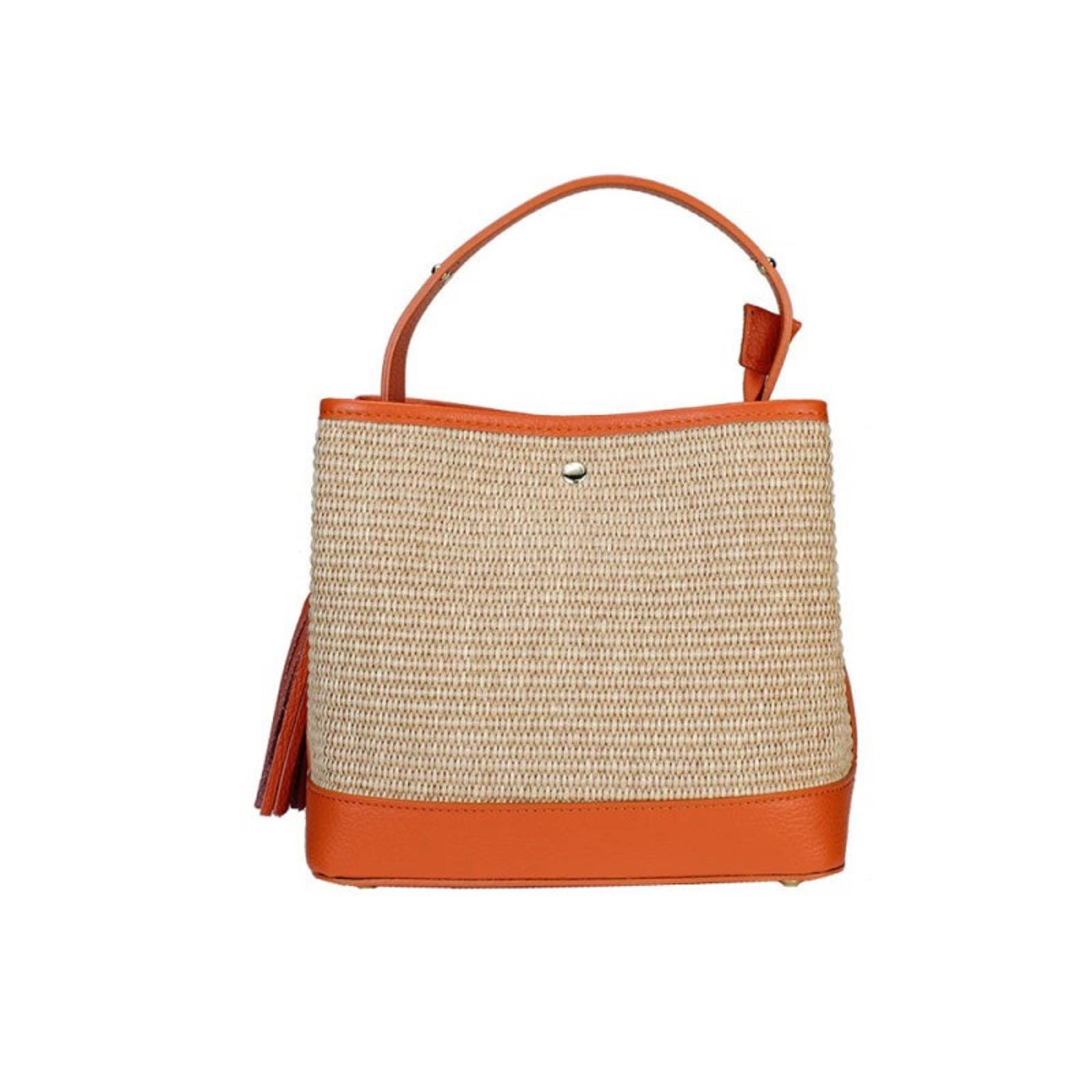 Woven Raffia Tote Bag with Orange Italian Leather Accents Handbag Shoulder