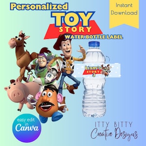 Toy Story Water Bottle Party Favor| Personalized in CANVA|