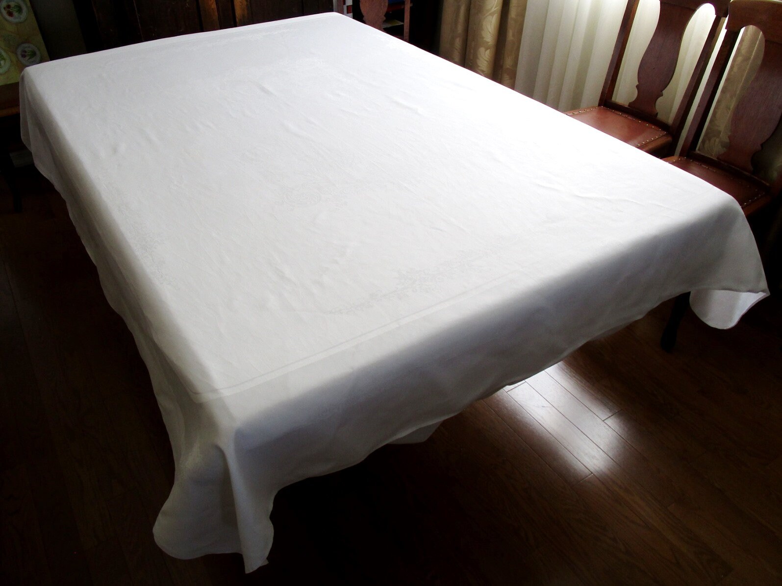 Vintage White Linen Fl Damask Tablecloth Large 50