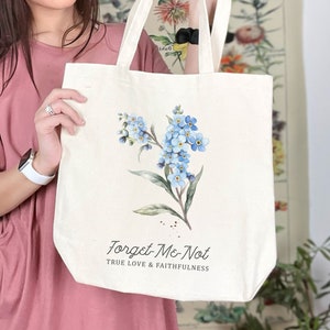 Forget Me Not Aesthetic Canvas Tote Bag - Floral Book Bag - Cute Cottagecore Wildflower Bag for Her - Trendy Botanical Boho Gift for Women