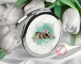 Personalised Mirror, Compact Mirror, Gift for her, Pocket Mirror, Mirror for her, Sloth, Sloth gift, Sloth for her, Personalised sloth