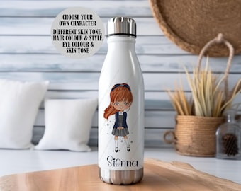 Botella de agua personalizada, botella para niñas, botella de agua escolar, botella de acero inoxidable, botella isotérmica, vuelta al cole, botella para colegiala