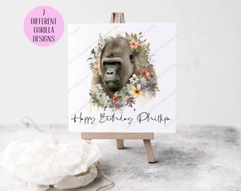 Gorilla Birthday Card, Gorilla Greeting Card, Gorilla Birthday, Card for her, Female birthday card, Floral Gorilla, Watercolour Gorilla