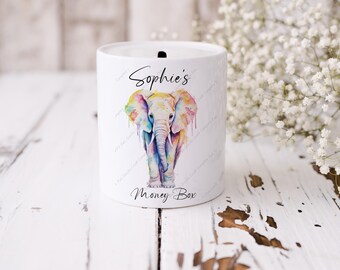 Money Box, Personalised money box, Coin bank, Elephant money box, Piggy Bank, Savings Jar, Elephant Gift, Rainbow Elephant, First money box