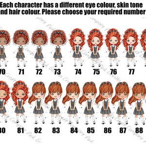 Pode incluir: Um conjunto de 90 ilustra&ccedil;&otilde;es digitais de meninas com diferentes cores de cabelo, olhos e pele. Cada menina est&aacute; usando um vestido cinza e meias brancas. Os n&uacute;meros de 69 a 89 s&atilde;o exibidos abaixo das meninas.