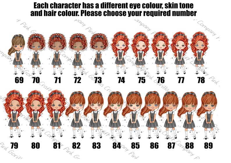 Pode incluir: Um conjunto de 90 ilustra&ccedil;&otilde;es digitais de meninas com diferentes cores de cabelo, olhos e pele. Cada menina est&aacute; usando um vestido cinza e meias brancas. Os n&uacute;meros de 69 a 89 s&atilde;o exibidos abaixo das meninas.