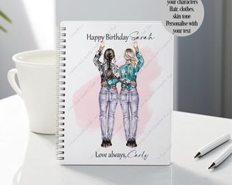 Best Friend Gift, Custom Character Notebook, Sister Gift, BFF Birthday Gift, Personalised Sister Gift, Friendship Gift, Friends Notebook,