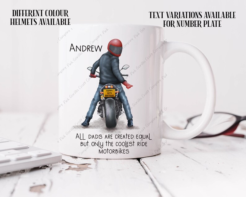 May include: White ceramic mug with a graphic of a person riding a motorcycle. The text on the mug reads "All dads are created equal but only the coolest ride motorbikes".