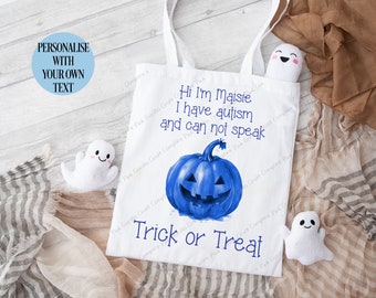Personalised Halloween Bag, Autism Halloween, Autism Trick and Treat Bag, Halloween Party Bag, Non-Verbal Halloween Treat Bag, Blue Pumpkin