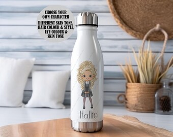 Botella de agua personalizada, botella para niñas, botella de agua escolar, botella de acero inoxidable, botella isotérmica, vuelta al cole, botella para colegiala