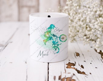 Money Box, Personalised money box, Coin bank, Cyclist money box, Piggy Bank, Savings Jar, BMX gift, BMX rider, Money box for him