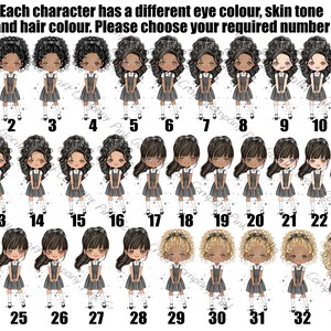 Pode incluir: Um gr&aacute;fico com 33 ilustra&ccedil;&otilde;es de meninas de desenhos animados com diferentes cores de cabelo, tons de pele e cores de olhos. Cada menina &eacute; numerada de 1 a 33.
