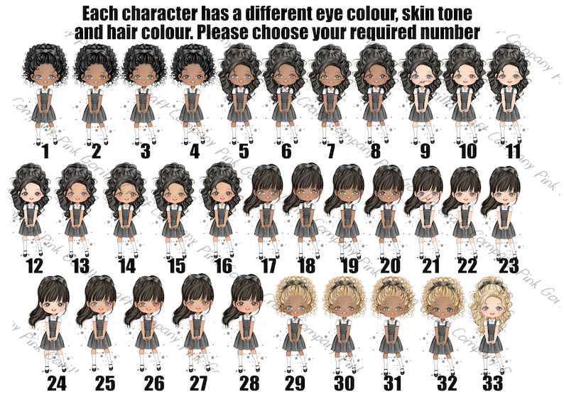 Pode incluir: Um gr&aacute;fico com 33 ilustra&ccedil;&otilde;es de meninas de desenhos animados com diferentes cores de cabelo, tons de pele e cores de olhos. Cada menina &eacute; numerada de 1 a 33.
