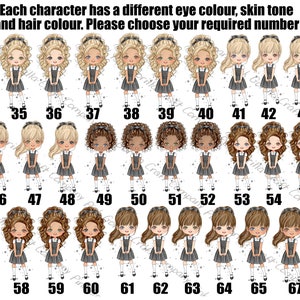 Pode incluir: Um gr&aacute;fico com 68 meninas de desenho animado diferentes, cada uma com uma cor de cabelo, cor de olhos e tom de pele &uacute;nicos. As meninas usam uniformes escolares cinza e branco. Cada menina &eacute; numerada de 34 a 68.
