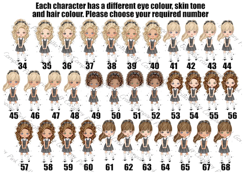 Pode incluir: Um gr&aacute;fico com 68 meninas de desenho animado diferentes, cada uma com uma cor de cabelo, cor de olhos e tom de pele &uacute;nicos. As meninas usam uniformes escolares cinza e branco. Cada menina &eacute; numerada de 34 a 68.