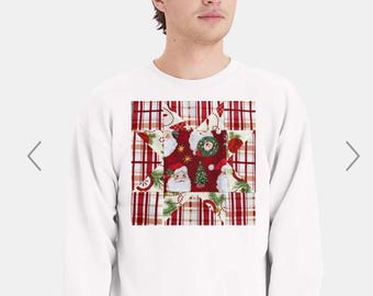 Christmas Quilt Block Sweatshirt Vintage Ornaments and Classic Santa