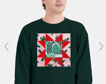 Christmas Quilt Block Sweatshirt Green Gingerbread House